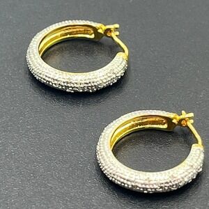RT Sterling Silver Gold Plated Two Tone Diamond Chip Pave Round Hoop‎ Earrings